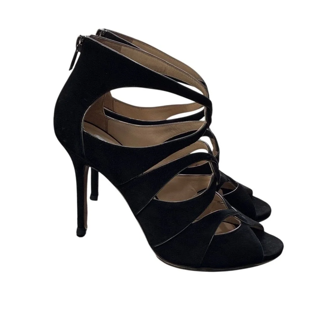 Jimmy Choo Black‎ Strappy Suede Heels Sandals EU 38.5 Stiletto Cage Heels